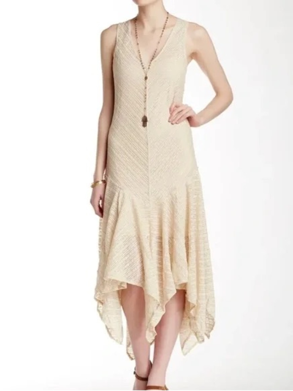Free People Cream Textured V-Neck High-Low Dress